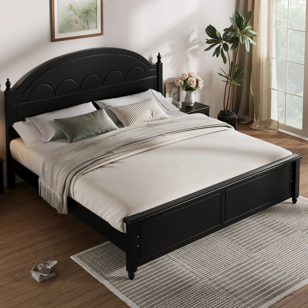King size Wooden Bed Frame with Arched Headboard and Classic Design,Black