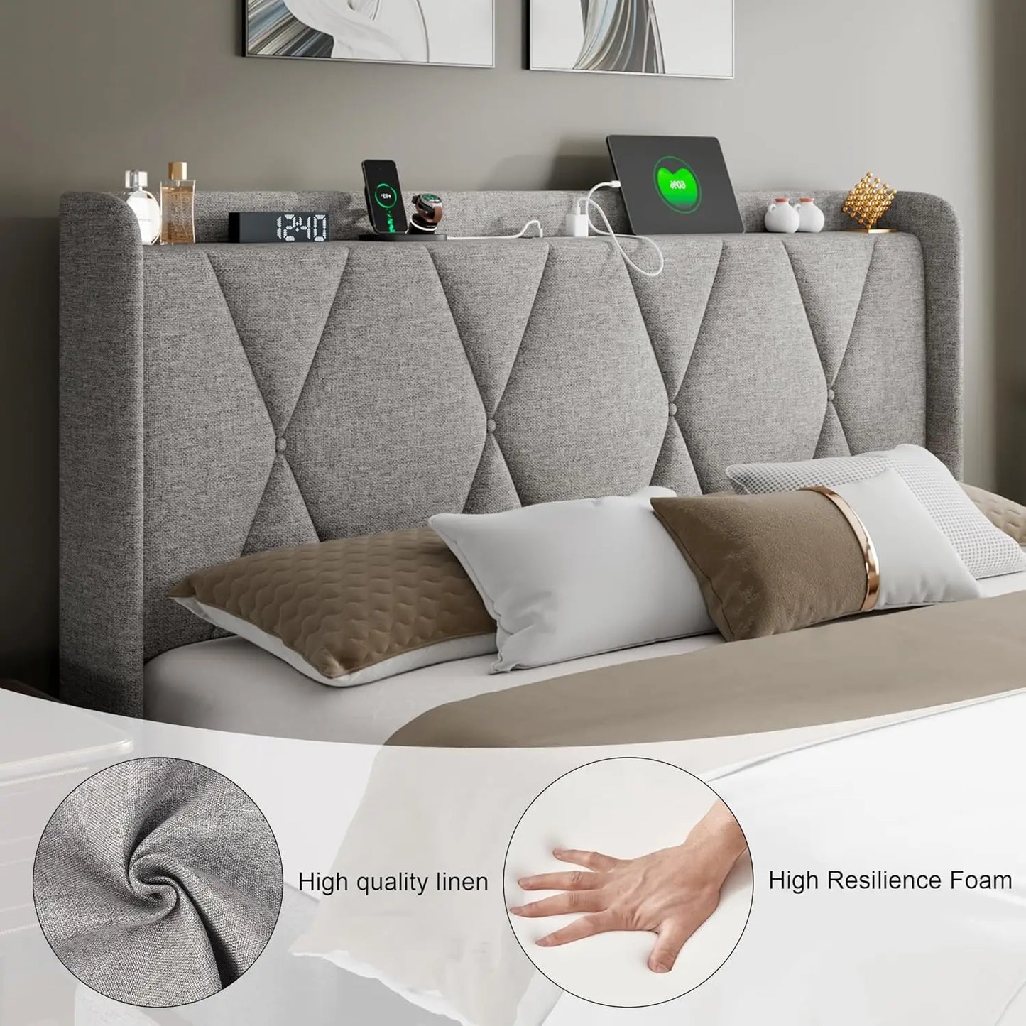 Queen Bed Frame With 4 Storage Drawers Upholstered Button Tufted Headboard Fast Charging Station