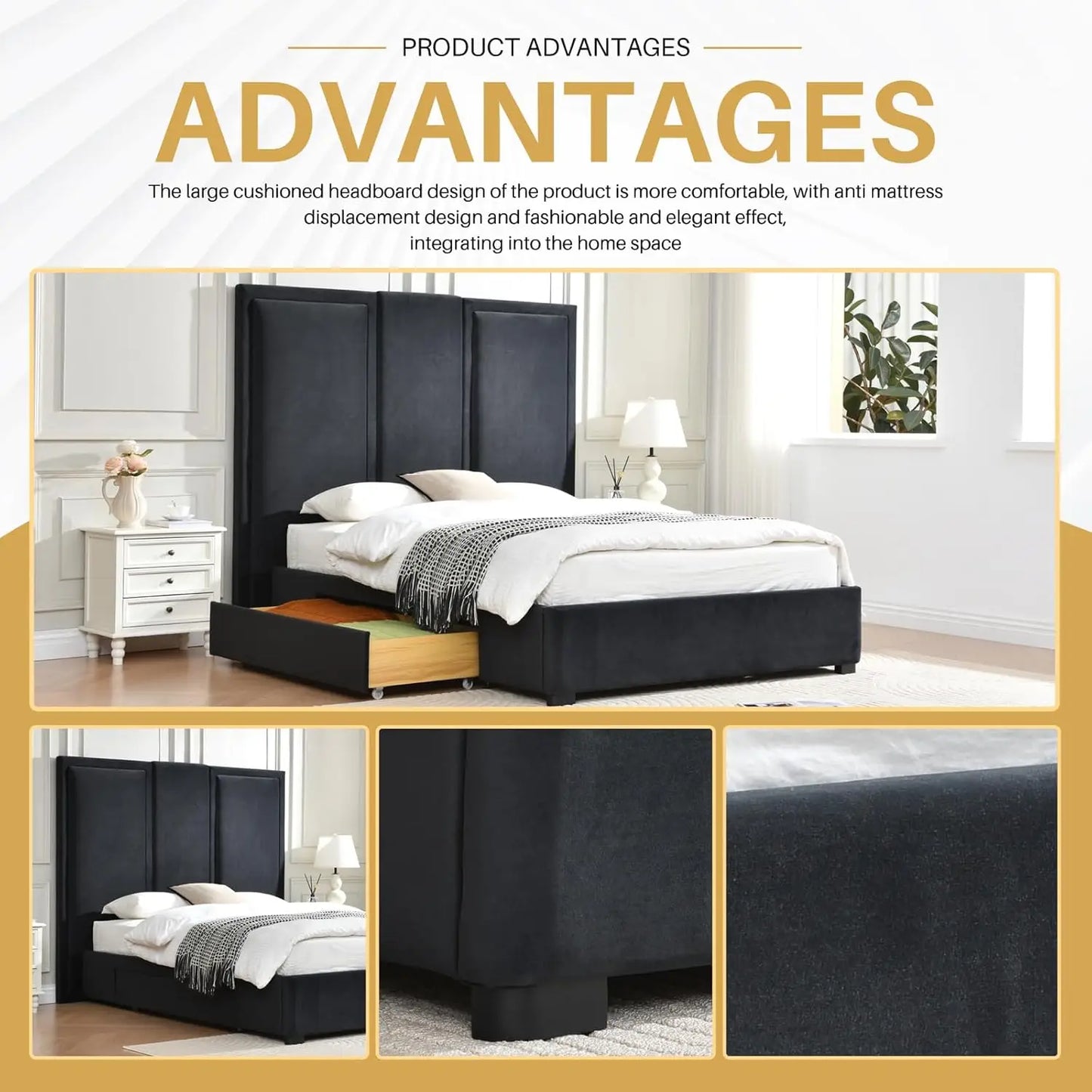Queen Upholstered Platform Bed Frame with 64in High Headboard Storage Drawers Wood Slat Support No Noise Ink Blue Customized