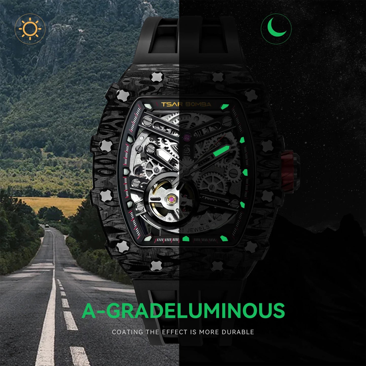 TSAR BOMBA Men's Automatic Mechanical Watch  Tonneau Shaped Skeleton Wristwatch 50M Water Resistance Sapphire Crystal Gift