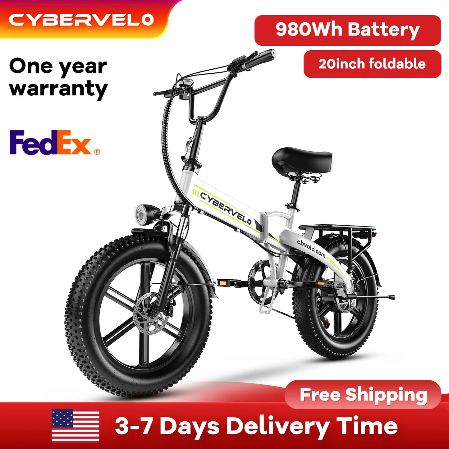Cybervelo 20" Fat Tire Foldable Electric bike For Adults, 48V 1000w Peak, Built-in Battery City Commuter and Outdoors E-bike EK5