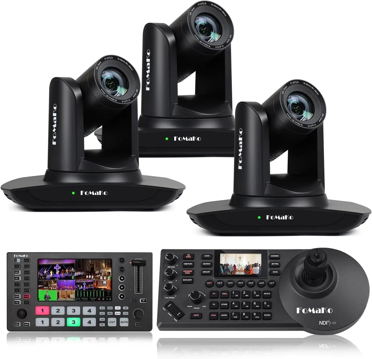 FoMaKo AI Auto Tracking HDMI PTZ Camera, 20x Optical Zoom(3pcs), M3 Video Mixer Switcher+KC608 NDI PTZ Controller for Church