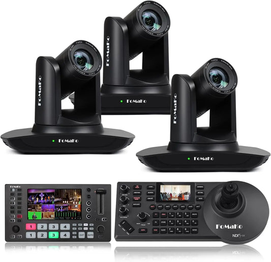 FoMaKo AI Auto Tracking HDMI PTZ Camera, 20x Optical Zoom(3pcs), M3 Video Mixer Switcher+KC608 NDI PTZ Controller for Church