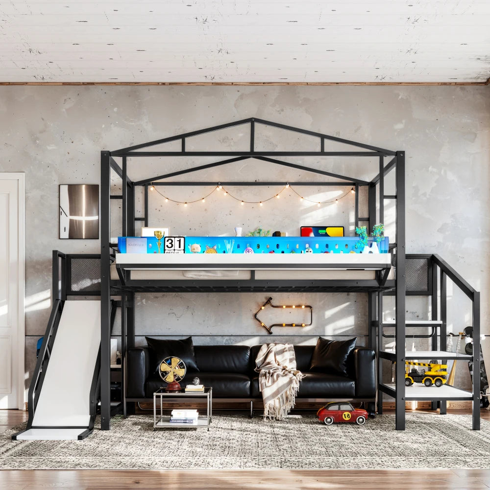 Full Size Loft Bed with Storage Stairs, Shelves and Built-in Wardrobe, Metal Loft Bed Frame with USB Ports and LED Lights,Black