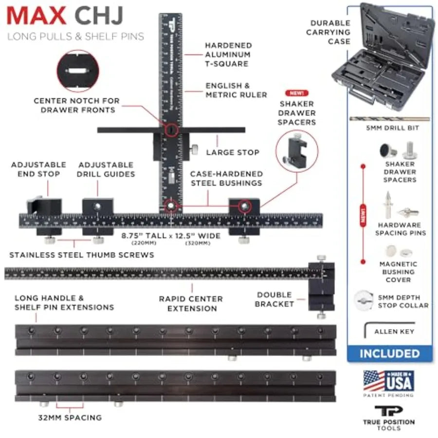 MAX Cabinet Hardware Jig - Install Long Pulls and Shelf Pin Holes - Made In USA - Hand Calibrated by True Position Tools