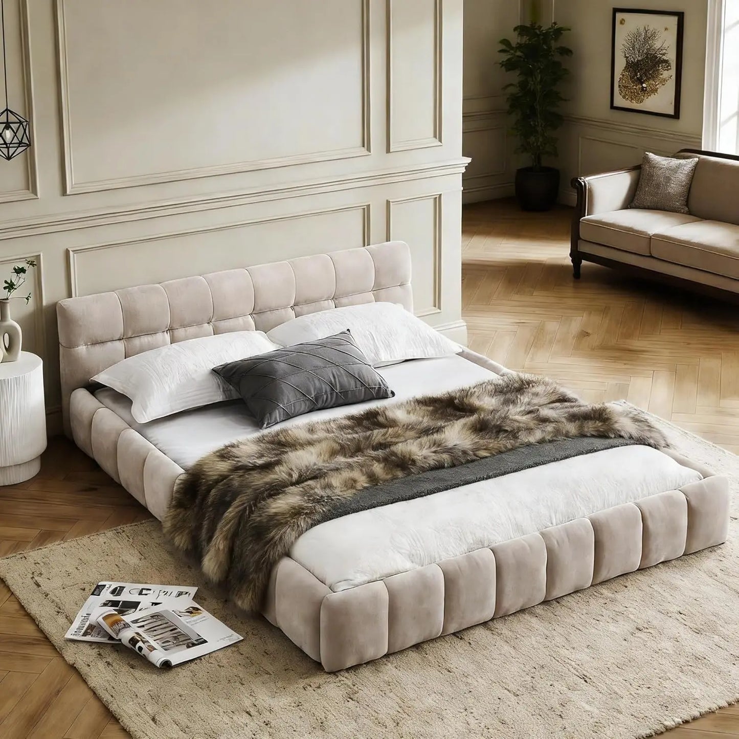 Modern Grounded Chenille Bed Frame, Low Profile Upholstered Platform Bed with Inset Design, No Box Spring Needed, Quiet & Sturdy