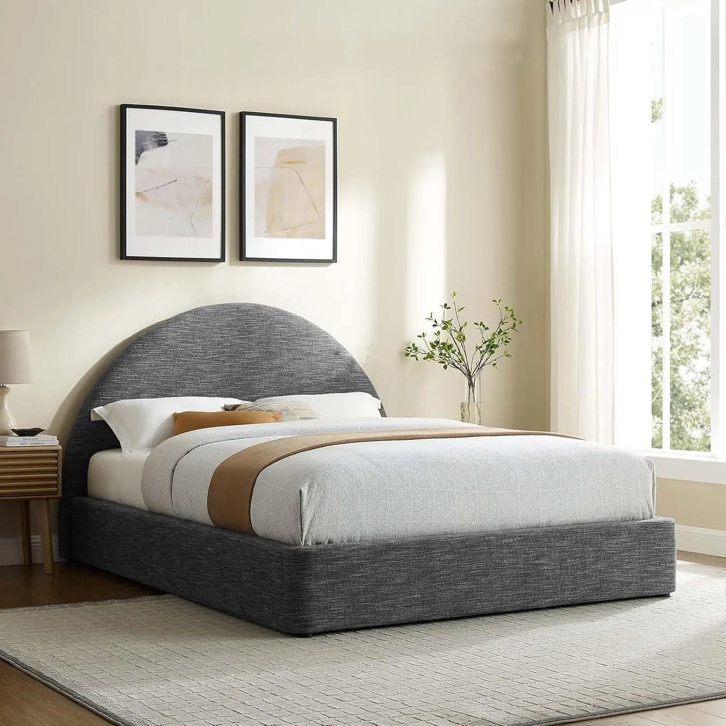 Queen Platform Bed Arch Round Upholstered Headboard Heathered Weave Ivory Fabric Cloud Frame Wood Slats No Box Spring, Custom