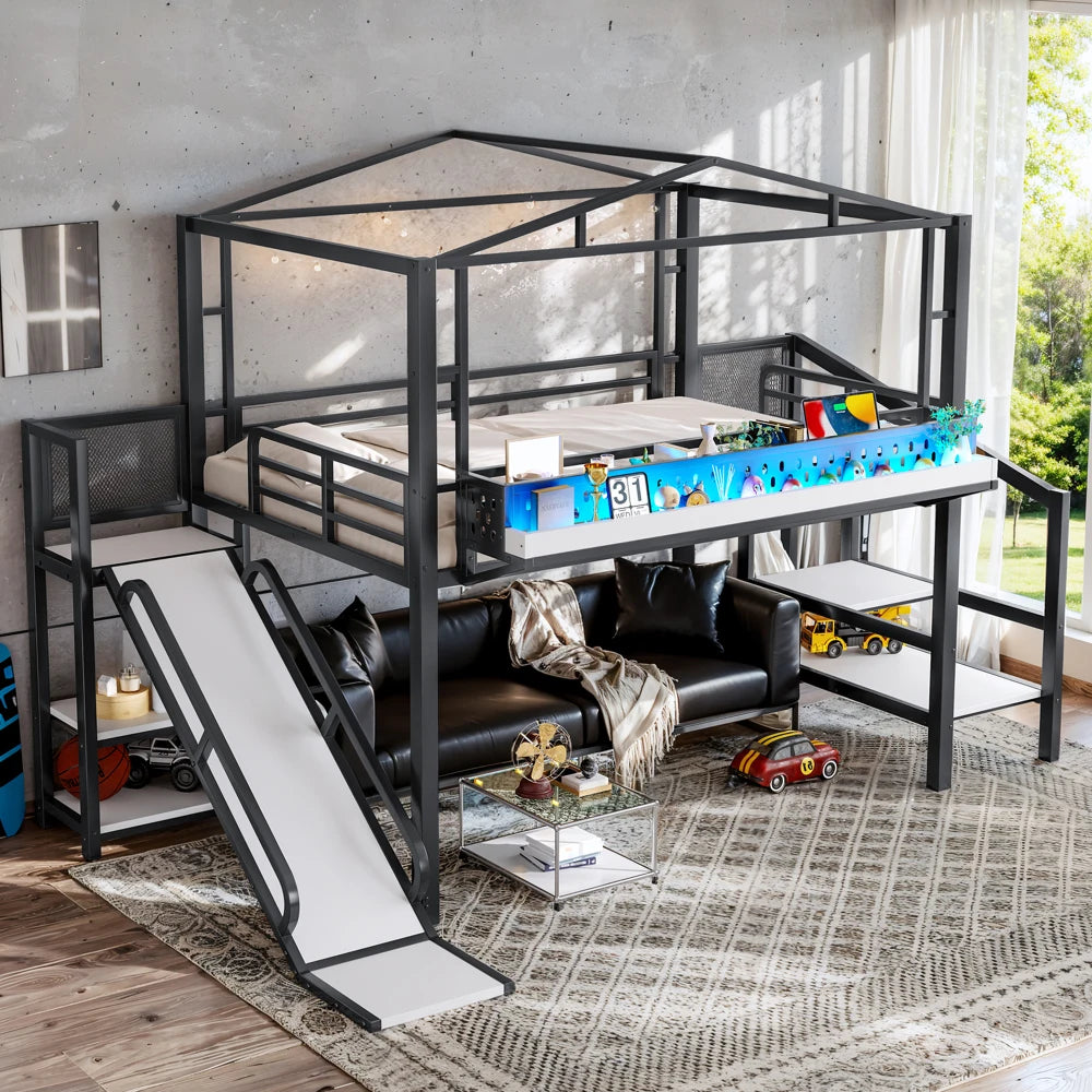 Full Size Loft Bed with Storage Stairs, Shelves and Built-in Wardrobe, Metal Loft Bed Frame with USB Ports and LED Lights,Black