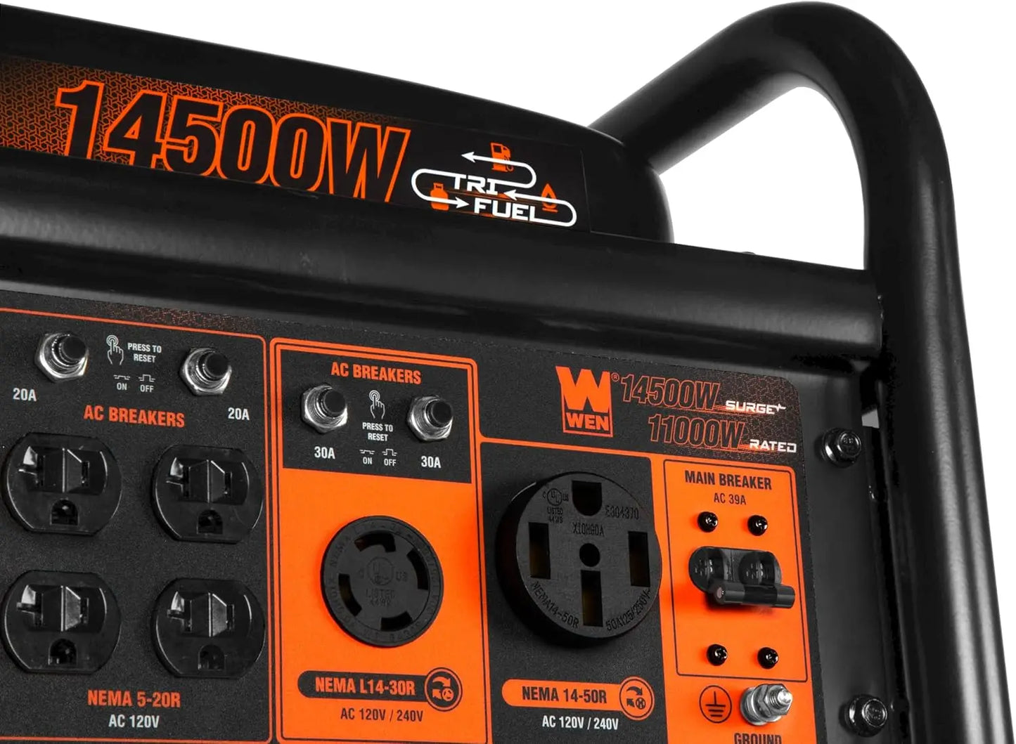 Tri-Fuel Generator 14500W Electric Start with CO Sensor, Wheel Kit, Transfer Switch Ready for Gas Propane Natural Gas