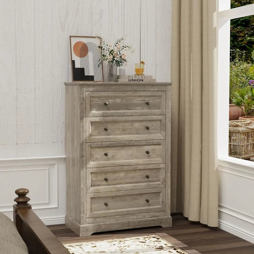 4-Piece Bedroom Set with 9-Drawer Dresser, 5-Drawer Chest, and Nightstand with Charging Station (Grey)