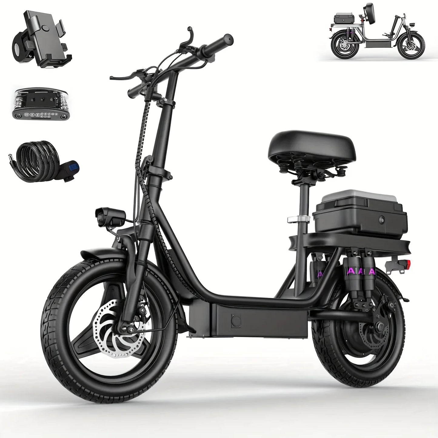Rated Power 500w (peak 740w)Adult Electric Scooter And Electric Bike, With Seat, 48V 10-15Ah Lithium Battery, Range Up To 10-35