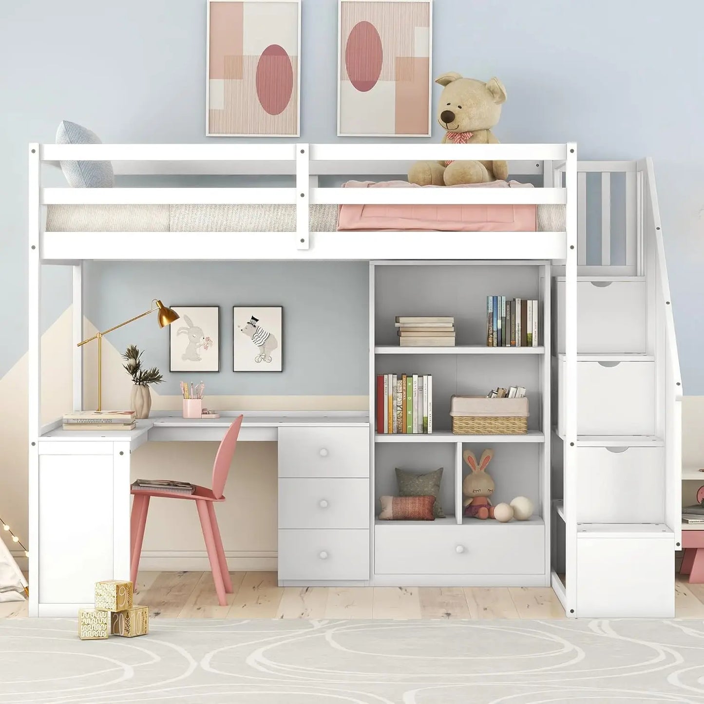 Twin Size Loft Bed with L-Shaped Desk and Stairs, Solid Wood Loft Bed Frame with Storage Drawers and Bookcase, for, Customized