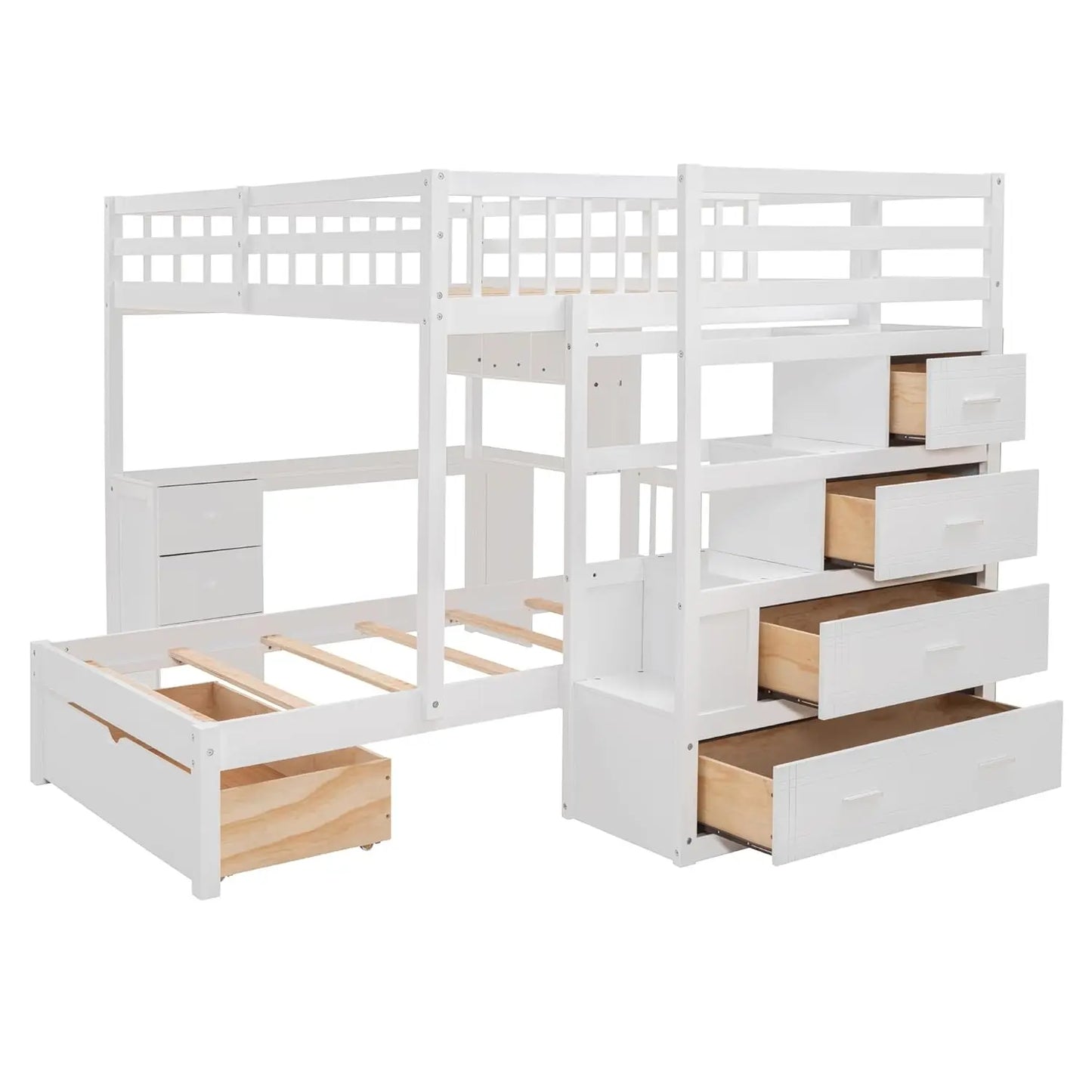 Full Over Twin Bunk Bed with Desk, Drawers and Shelves, L Shaped Wood Bunk Bed Frame with Storage Staircase and, Customized