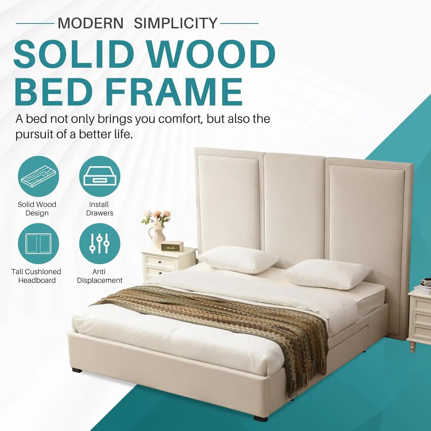 King Size Upholstered Platform Bed Frame with 64-inch High Headboard Storage Drawers Wood Slat Support No Noise Customized