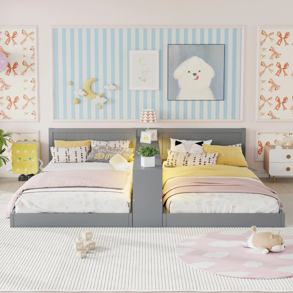 Double Twin Size Bed Frame with Storage,Twin Floor Bed with Light & Charging Station, Convertible 2 Twin Beds for 2 Kids,Gray