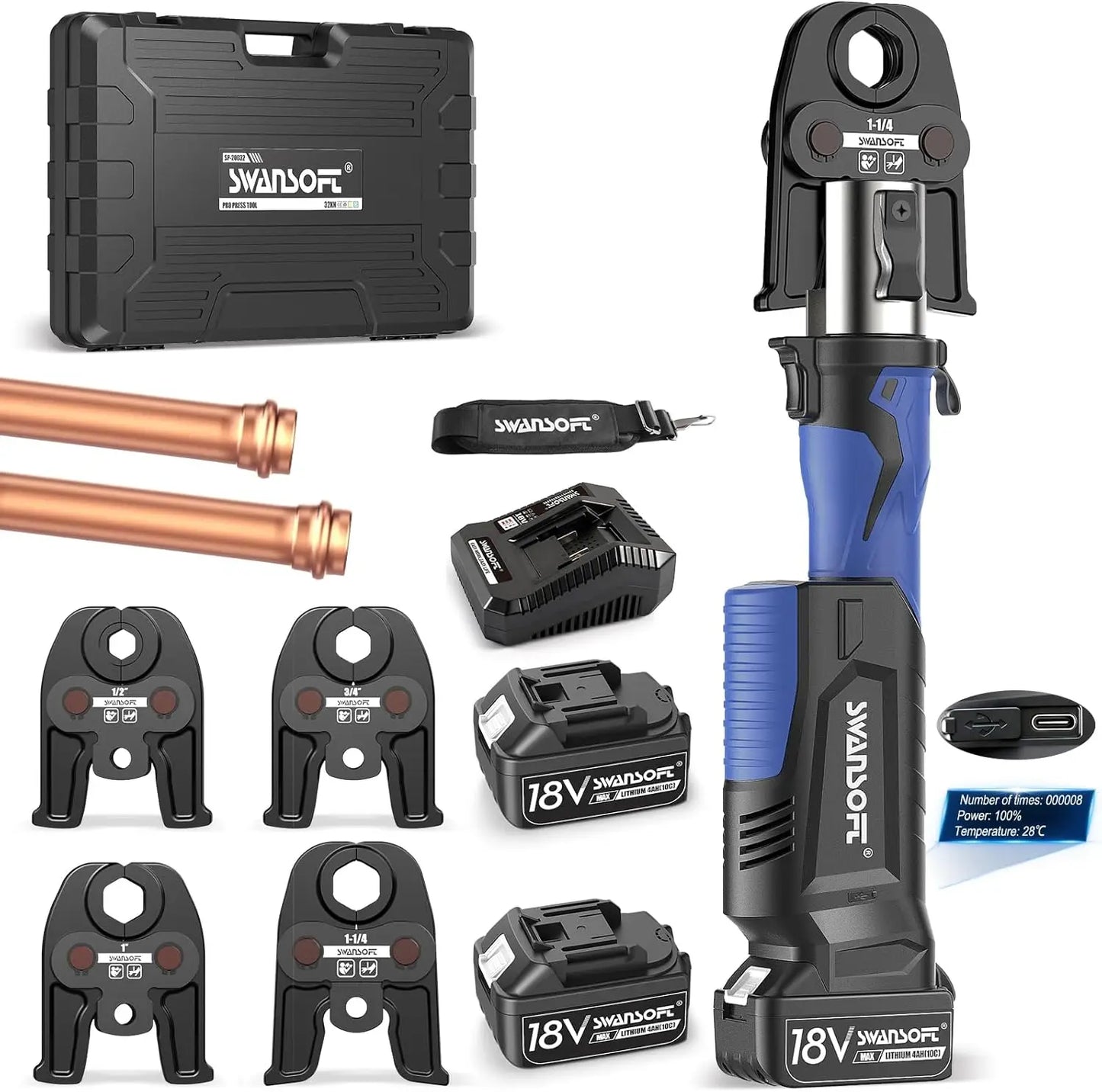 SWANSOFT Propress Tool,Copper Pipe Crimping Tool with 18V 4Ah Battery Pro Press Copper Crimper Tool with 4 Jaws 1/2",3/4'',1-1/4