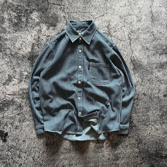 American Vintage 100% Cotton Denim Striped Long Sleeve Shirt Amekaji Heavyweight Loose Casual Versatile Workwear Jacket Coats