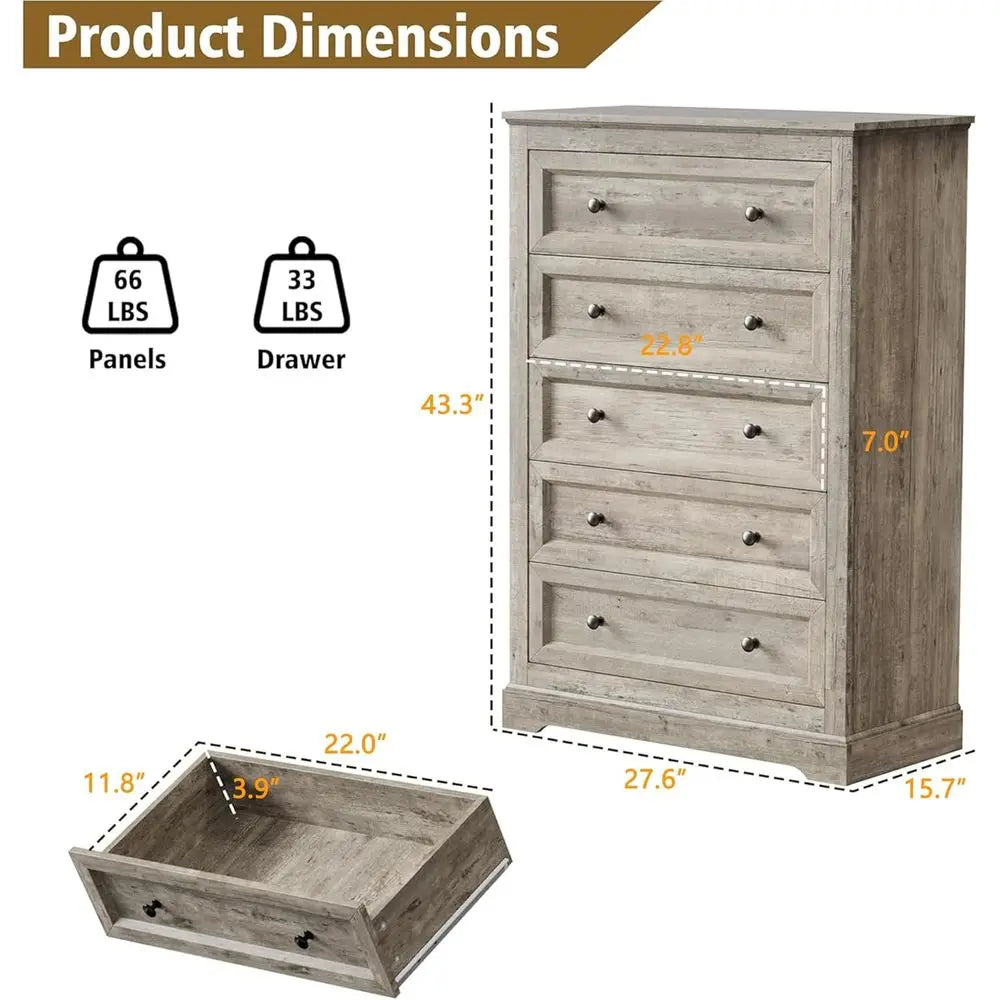 4-Piece Bedroom Set with 9-Drawer Dresser, 5-Drawer Chest, and Nightstand with Charging Station (Grey)
