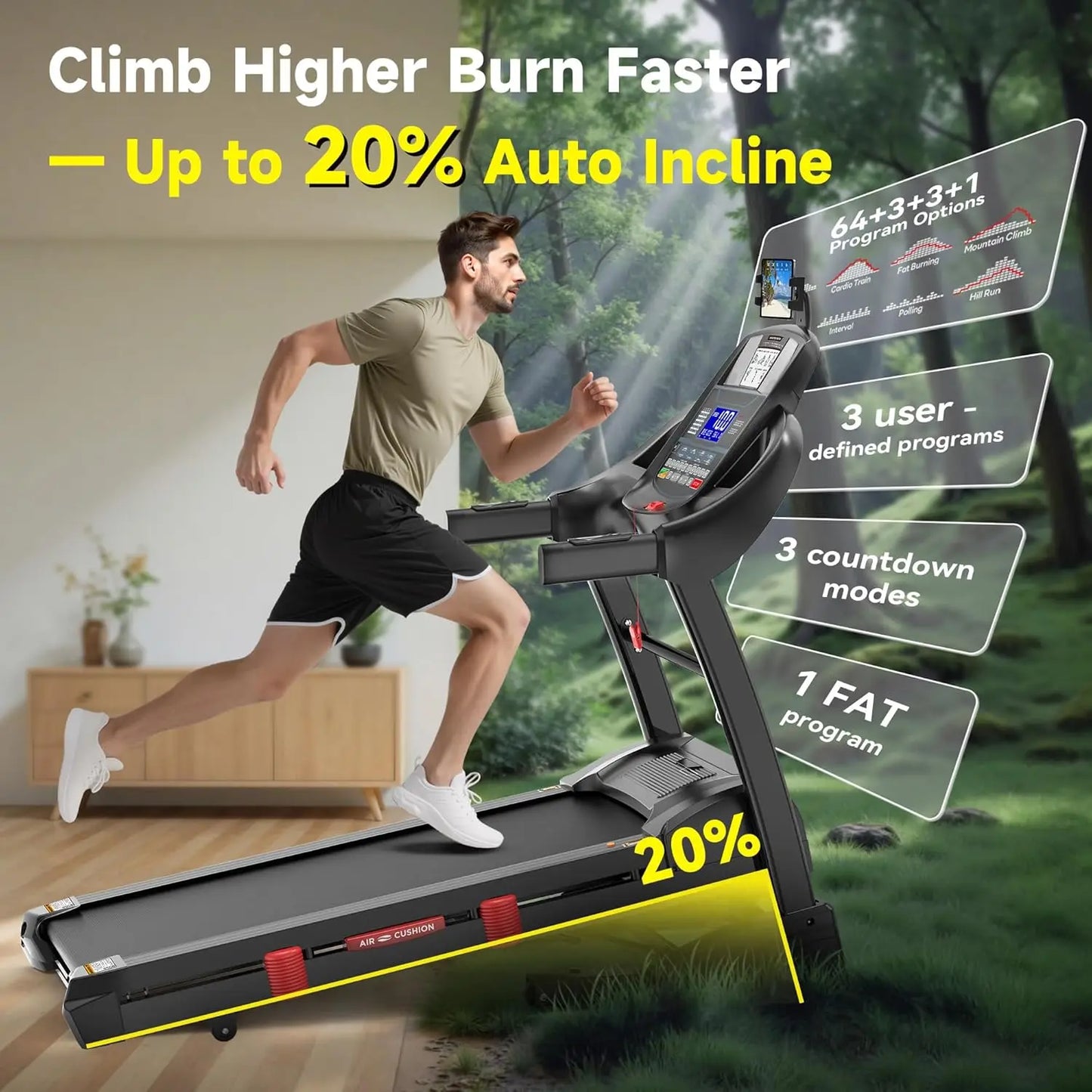 20% Incline Treadmill for Home with Fan, 400lbs Capacity Folding Treadmill, 5.0 HP Running Machine, 18’’ Wide, Customized