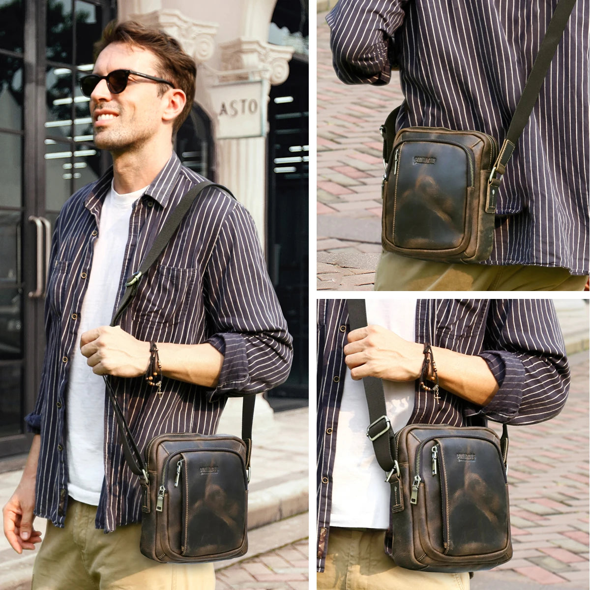 CONTACT'S Genuine Leather Sling Shoulder Bags for Men Vintage Small Messenger Bags Crossbody Bag Men's Bags for 8.3" iPad Mini