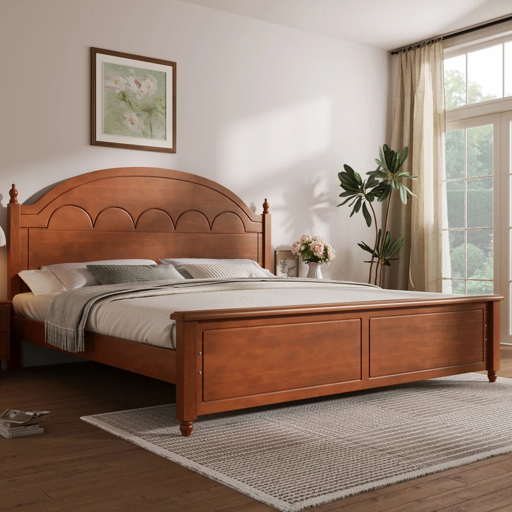 King size Wooden Bed Frame with Arched Headboard and Classic Design,Oak