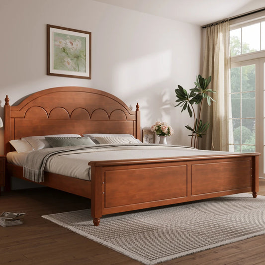 King size Wooden Bed Frame with Arched Headboard and Classic Design,Oak