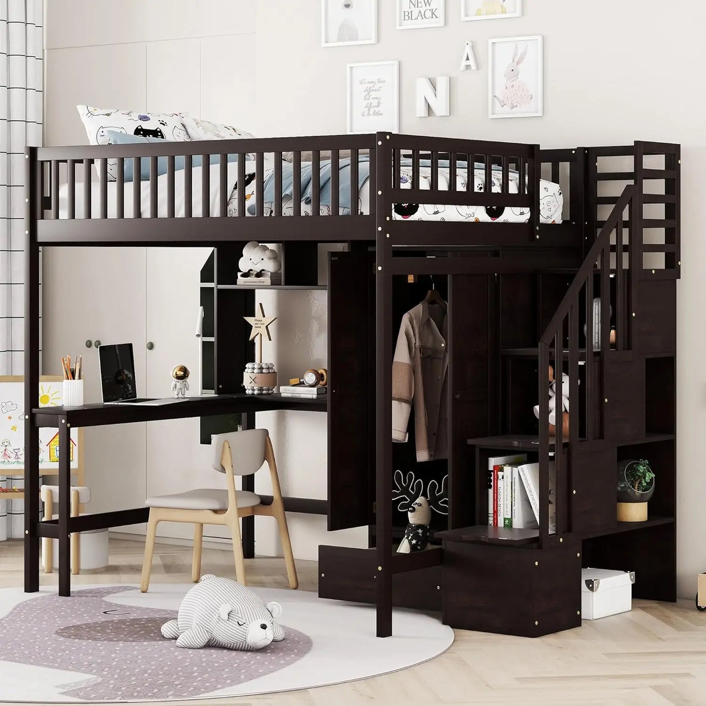 Full Size Loft Beds Stairway Loft Bed Frame with Wardrobe, Desk, Bookcase and Drawers, Espresso, Customized