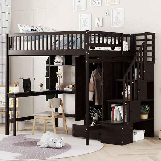 Full Size Loft Beds Stairway Loft Bed Frame with Wardrobe, Desk, Bookcase and Drawers, Espresso, Customized