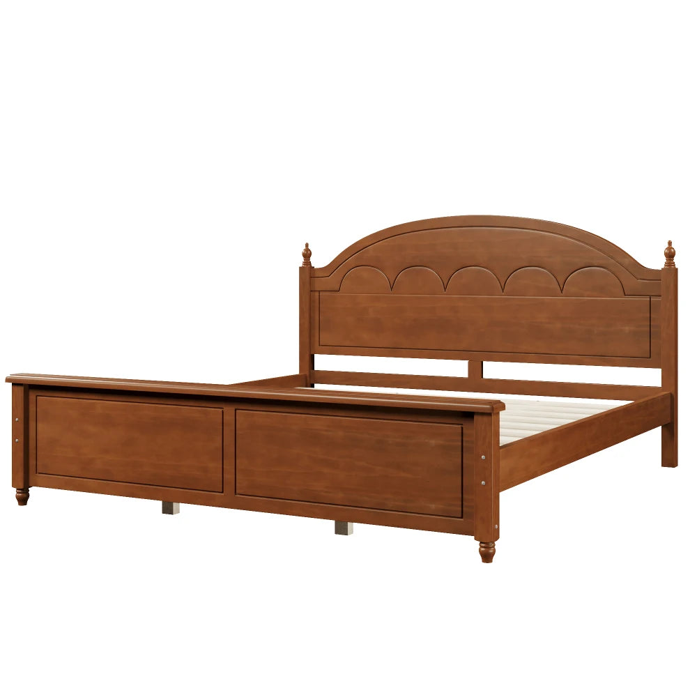 King size Wooden Bed Frame with Arched Headboard and Classic Design,Oak