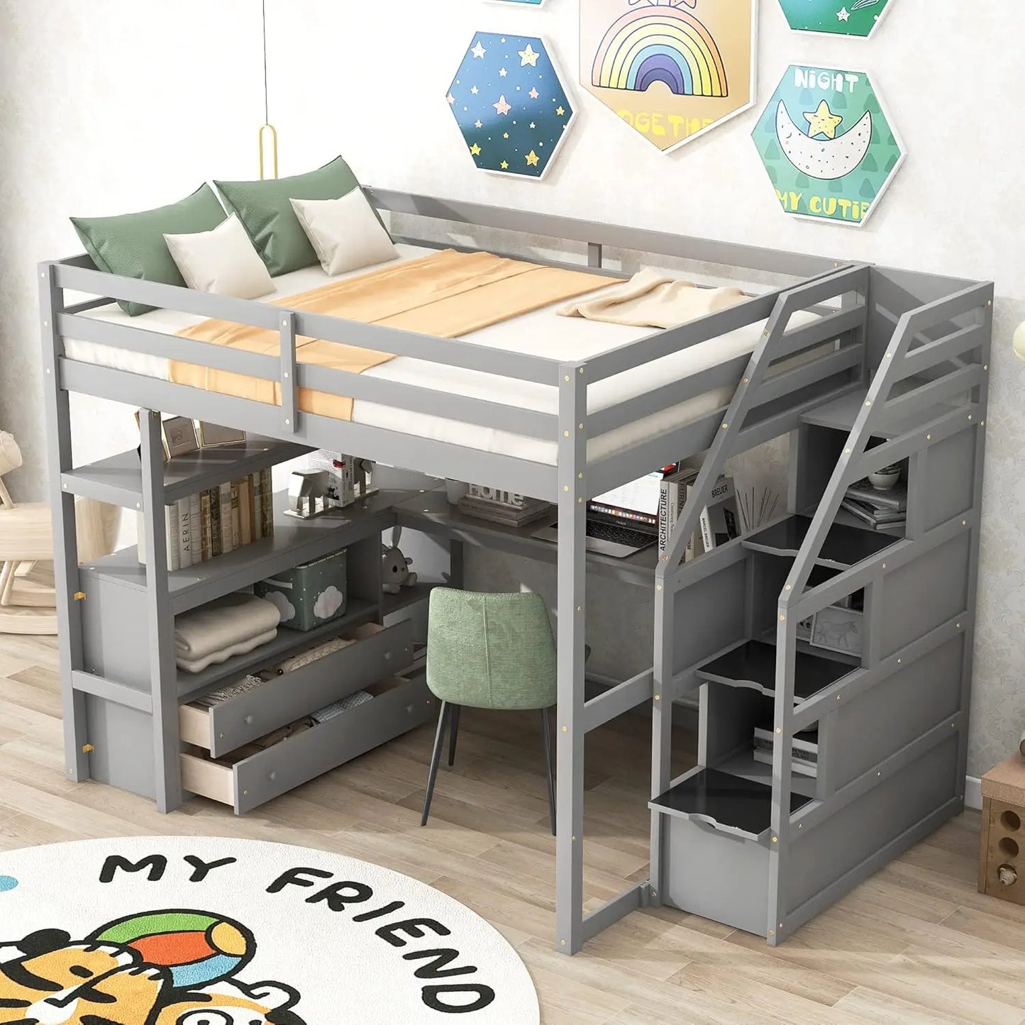 Full Size Loft Bed with Desk, Wood Full Loft Bed Frame with Shelves, 2 Built-in Drawers and Storage Staircase, Gray, Customized