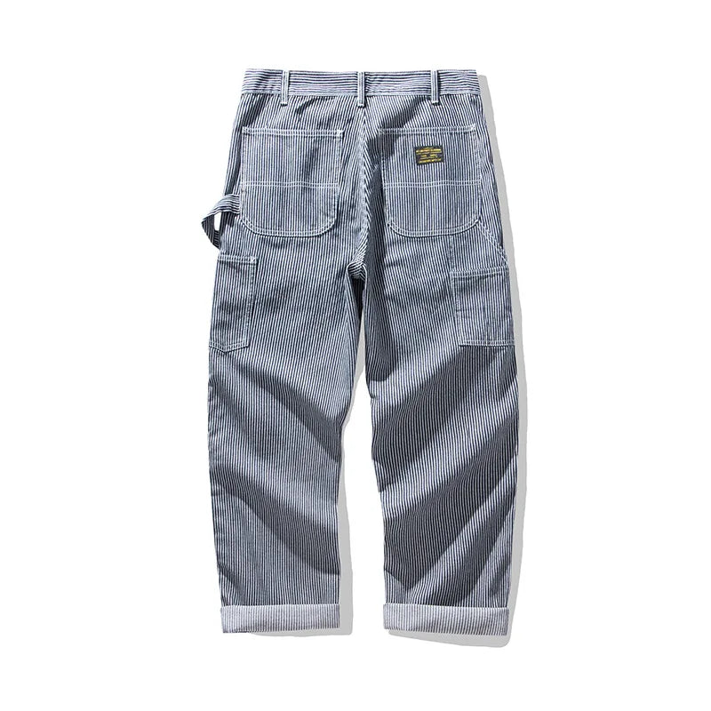 OKONKWO Original Denim Railway Workers Pants AMEKAJI Multi Pocket Striped Work Overalls Outdoor Trekking Hiking Camping Trousers