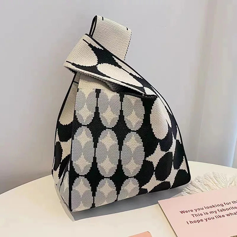 Women'S Knot Wrist Bag Tote Handmade Knitted Bag Portable Mini Striped Bucket Phone Bags Large Capacity Spring Summer Handbags