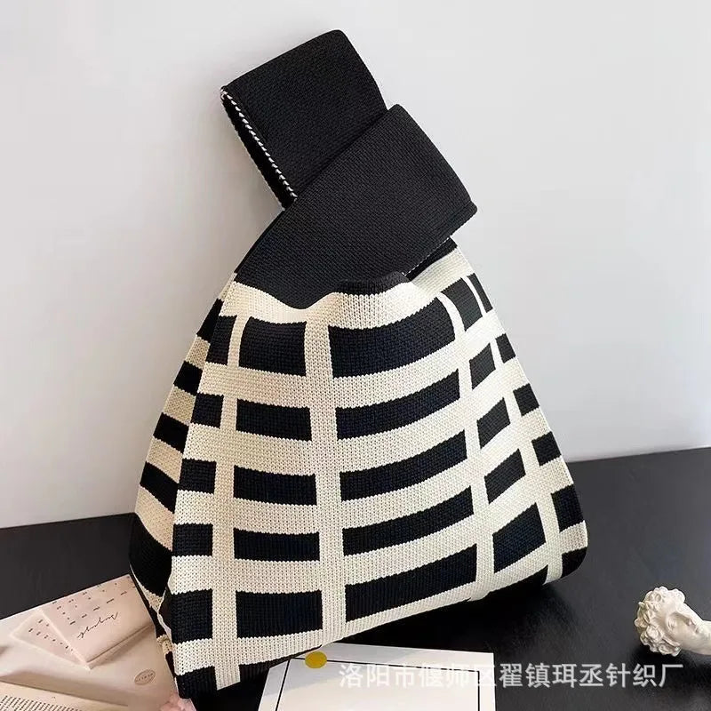 Women'S Knot Wrist Bag Tote Handmade Knitted Bag Portable Mini Striped Bucket Phone Bags Large Capacity Spring Summer Handbags