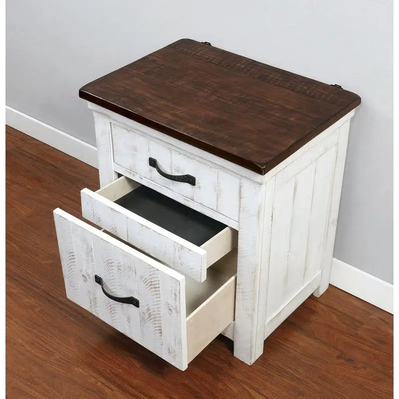 Transitional Style Distressed White Nightstand with Brass Arch Pull, 2-Drawer Bedside Table, Solid Wood Bedroom Furniture