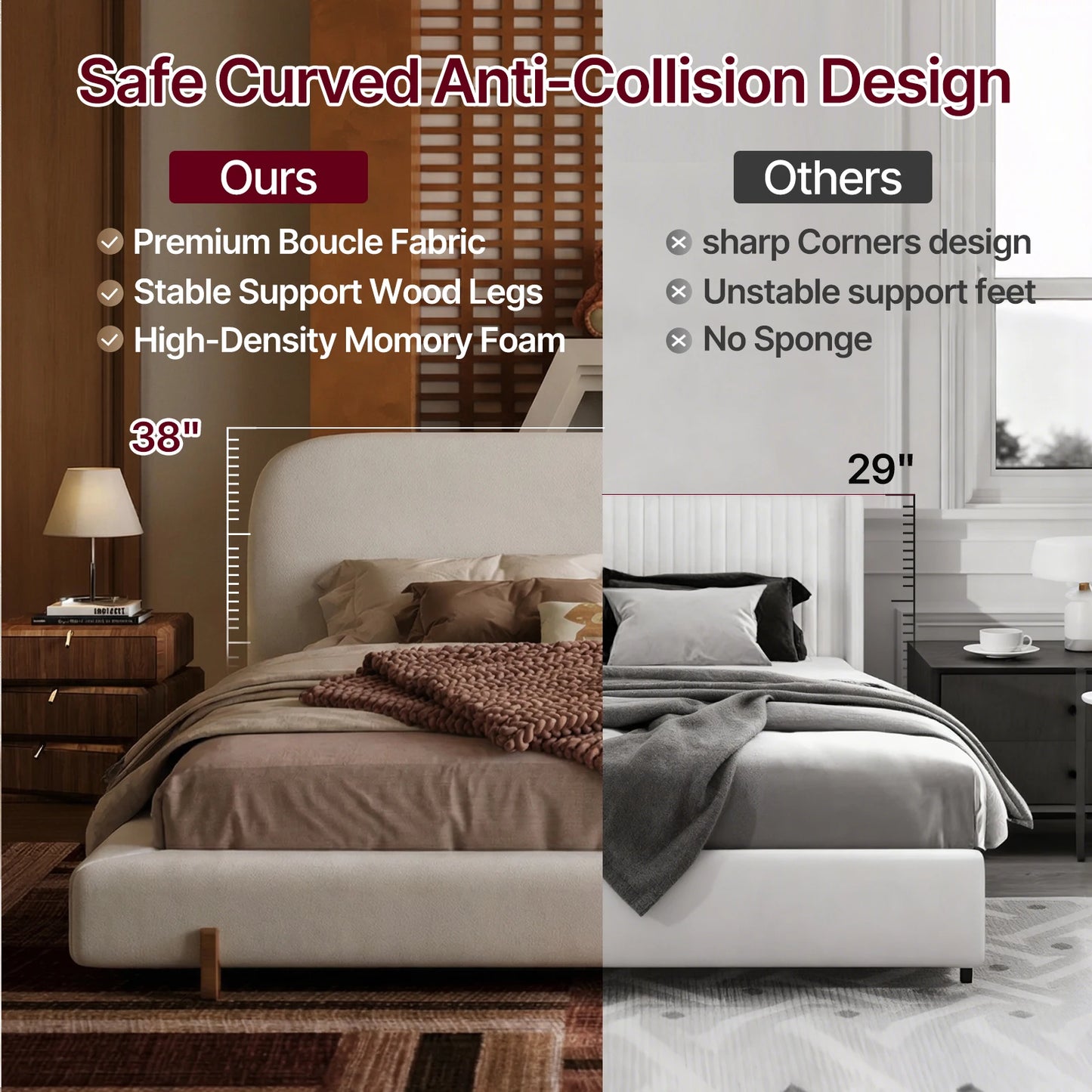 King Size Cloud Bed Frame, White Upholstered Platform Bed Frame with Soft Headboard, Wood Solid Legs, No B，Easy Assembly