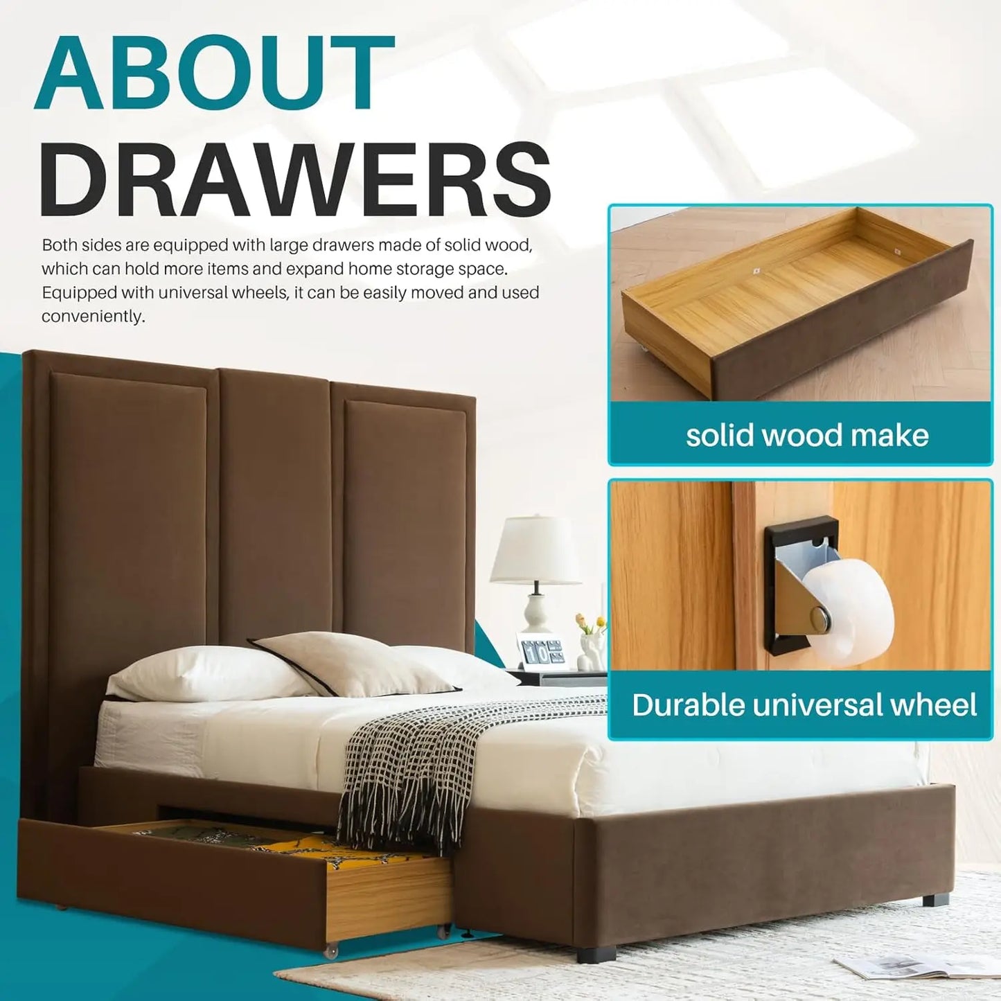 Queen Size Upholstered Platform Bed Frame with 64in High Headboard Storage Drawers Wood Slat Support Noise Free Brown Customized