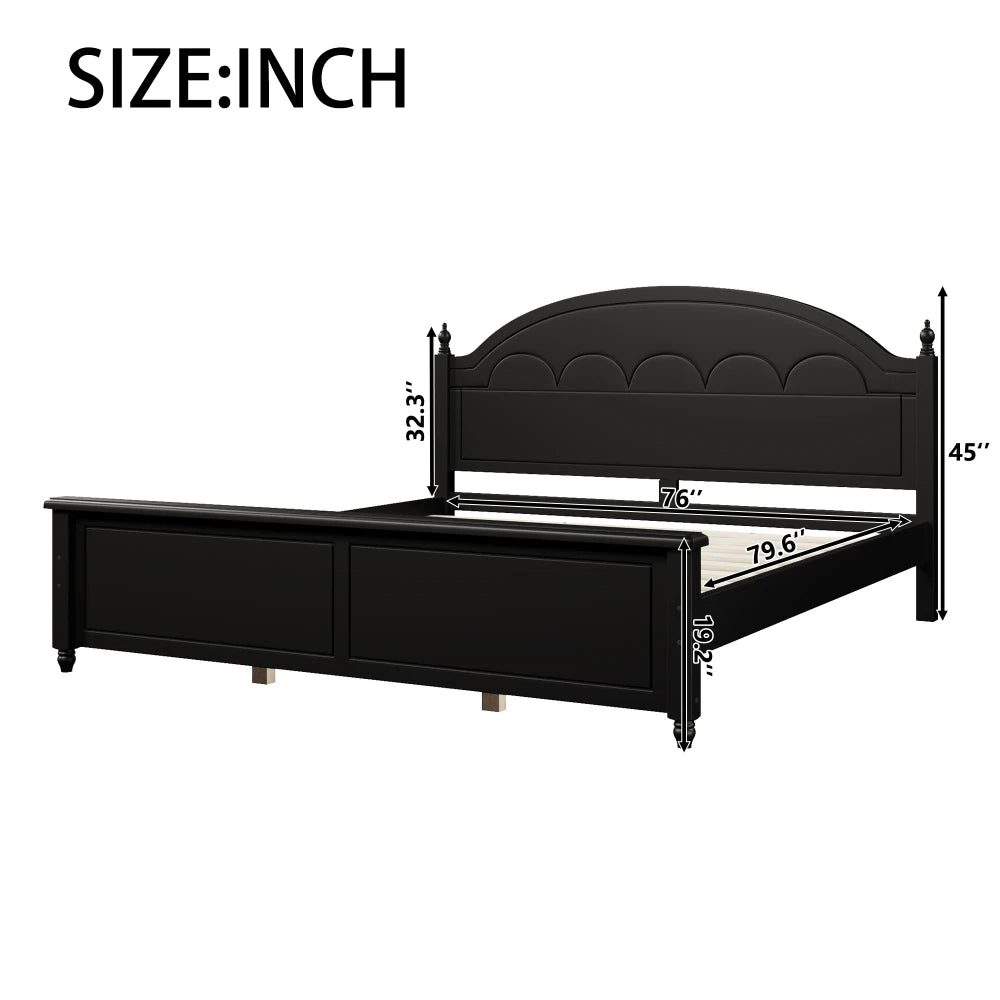 King size Wooden Bed Frame with Arched Headboard and Classic Design,Black
