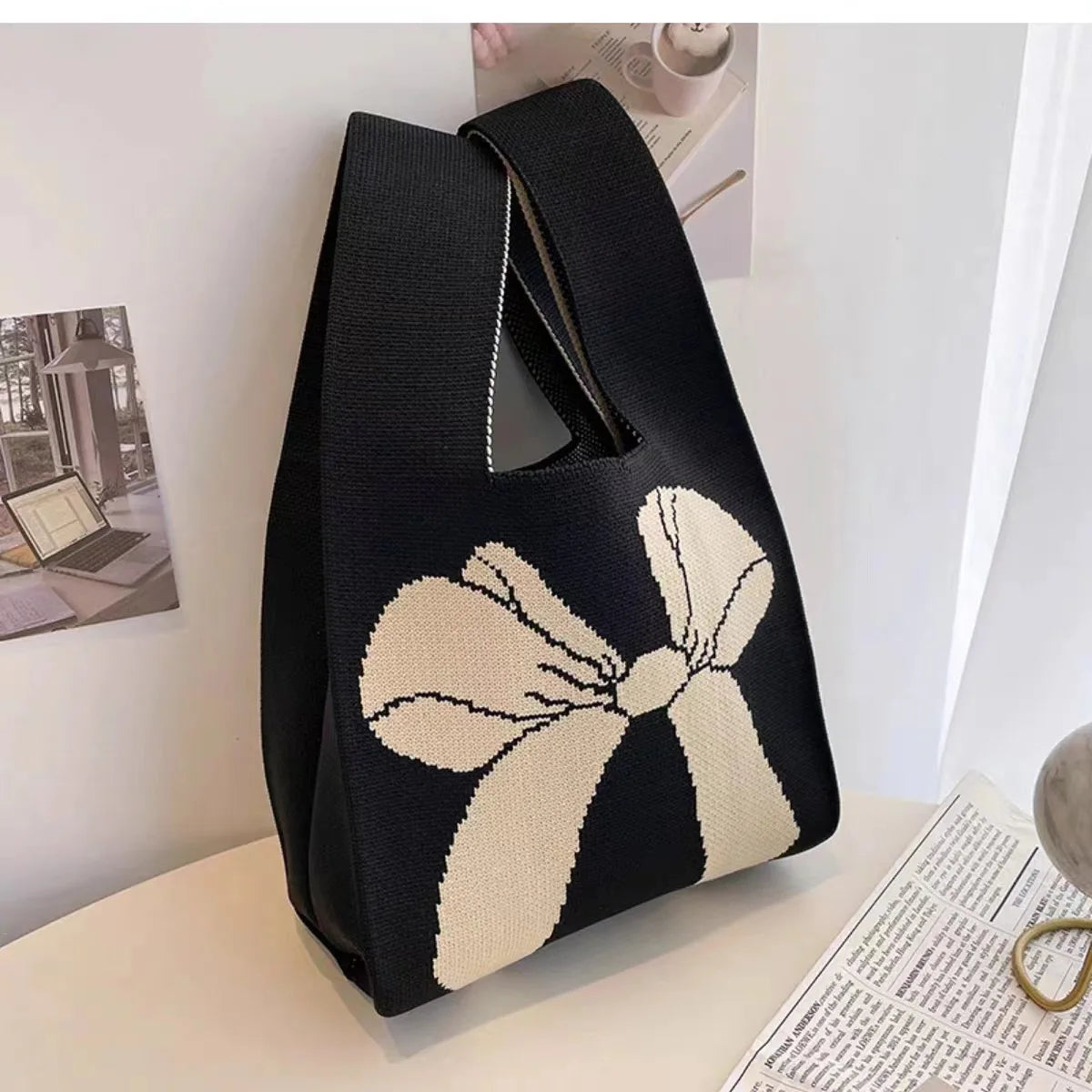Women'S Knot Wrist Bag Tote Handmade Knitted Bag Portable Mini Striped Bucket Phone Bags Large Capacity Spring Summer Handbags