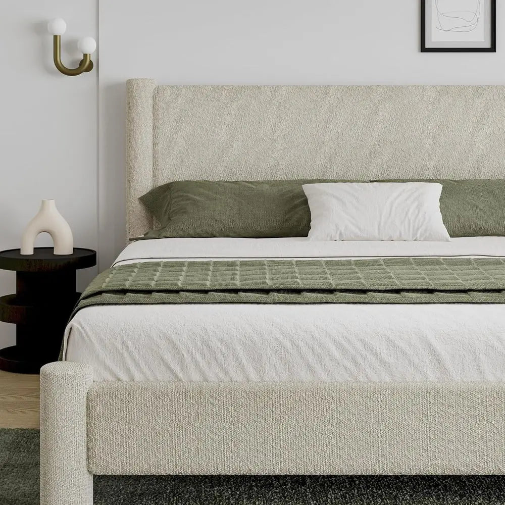 King Size Bed Frame with Tufted Headboard, Rounded Corner Upholstered Platform Bed Frame, No Box Spring Needed, Simple Assembly,