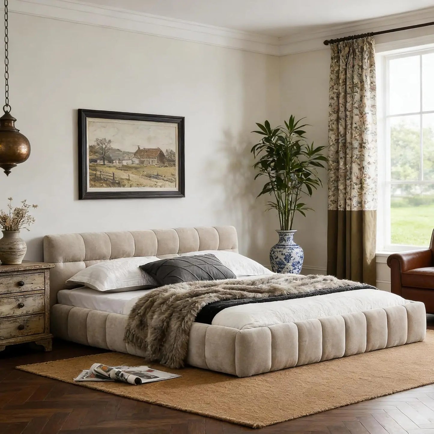Modern Grounded Chenille Bed Frame, Low Profile Upholstered Platform Bed with Inset Design, No Box Spring Needed, Quiet & Sturdy