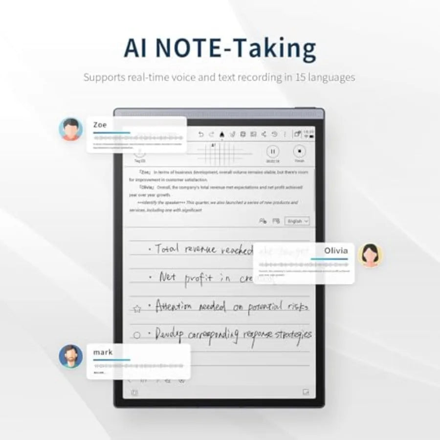 AI note-taking tablet for meetings and scheduling aluminum body matte black voice-to-text transcription and multi-language supp