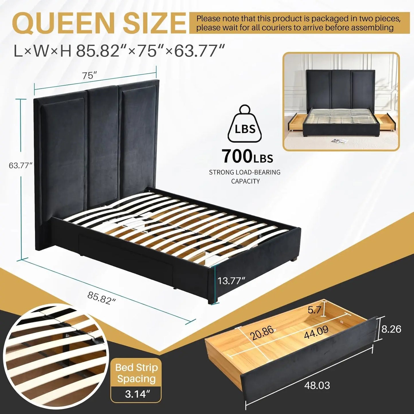 Queen Upholstered Platform Bed Frame with 64in High Headboard Storage Drawers Wood Slat Support No Noise Ink Blue Customized