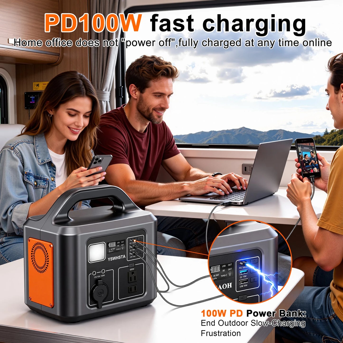 600W Portable Power Station with Solar Charging Input,538.7Wh, 100W PD USB-C, QC3.0, AC Power Outlet,Outdoor Camping Party