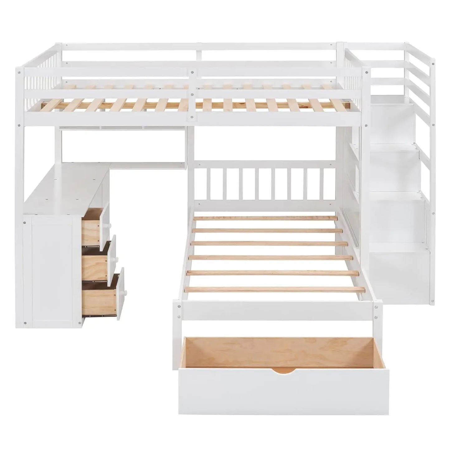 Full Over Twin Bunk Bed with Desk, Drawers and Shelves, L Shaped Wood Bunk Bed Frame with Storage Staircase and, Customized