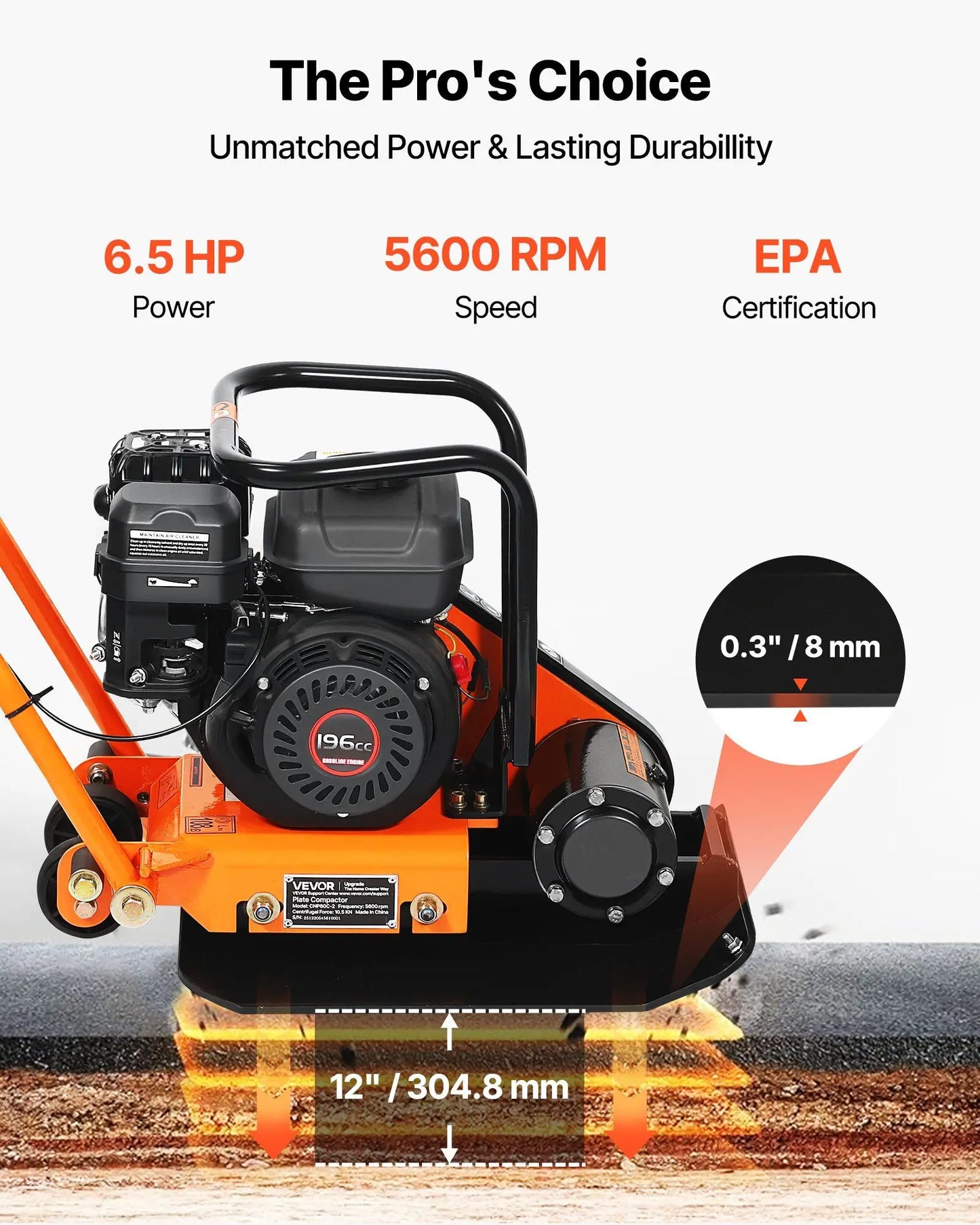 Plate Compactor, 6.5 HP 196CC Gas Engine, 5600 VPM Vibrating Ground Rammer, 2360 lbs Compaction Force, 20.1 x 15 in Plate, Walk