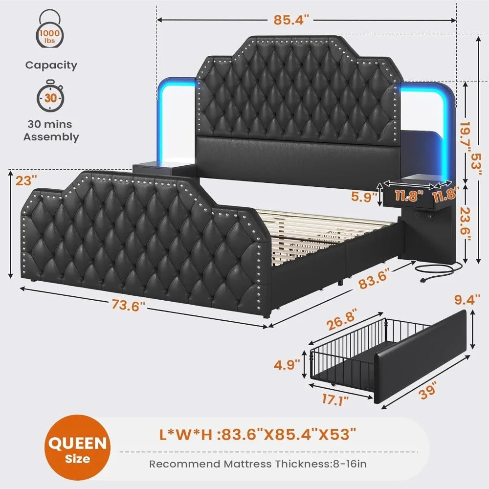 Queen Size Bed Frame with 2 Nightstands with Mirror, Upholstered Platform Bed
