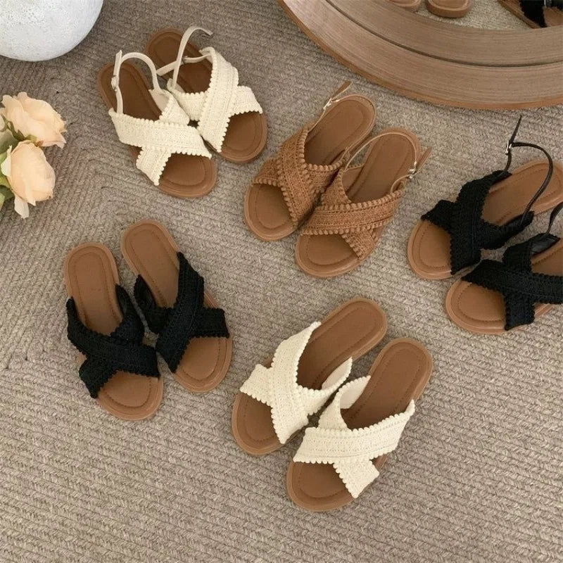 2024 Fashion Women Sandals Ladies Flat Roma Heels Knitted Summer Sandals Outside Cross Tied Leather Female Slides Woman Sandals