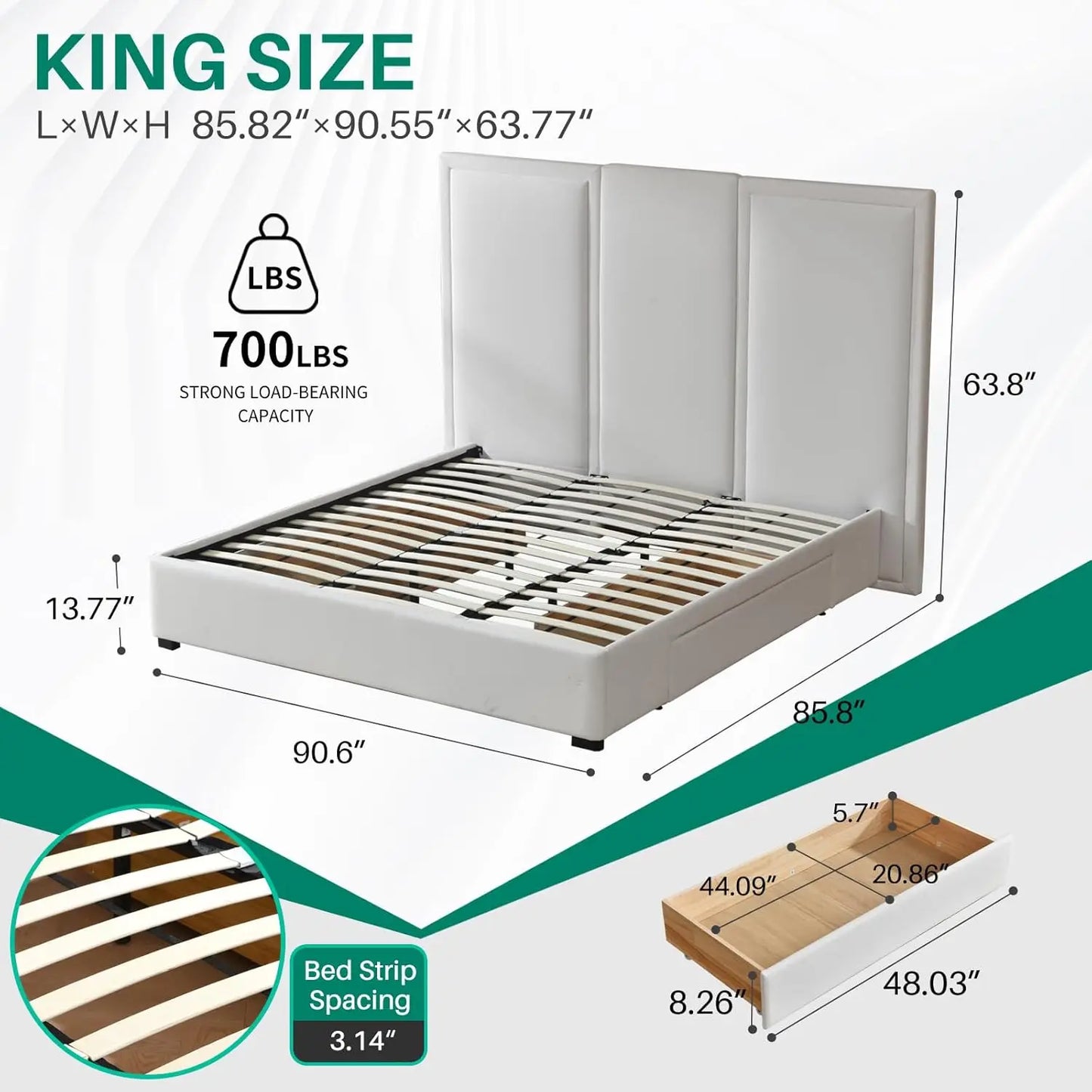 King Size Upholstered Platform Bed Frame with 64in High Headboard Storage Drawers Wood Slat Support No Noise White Customized