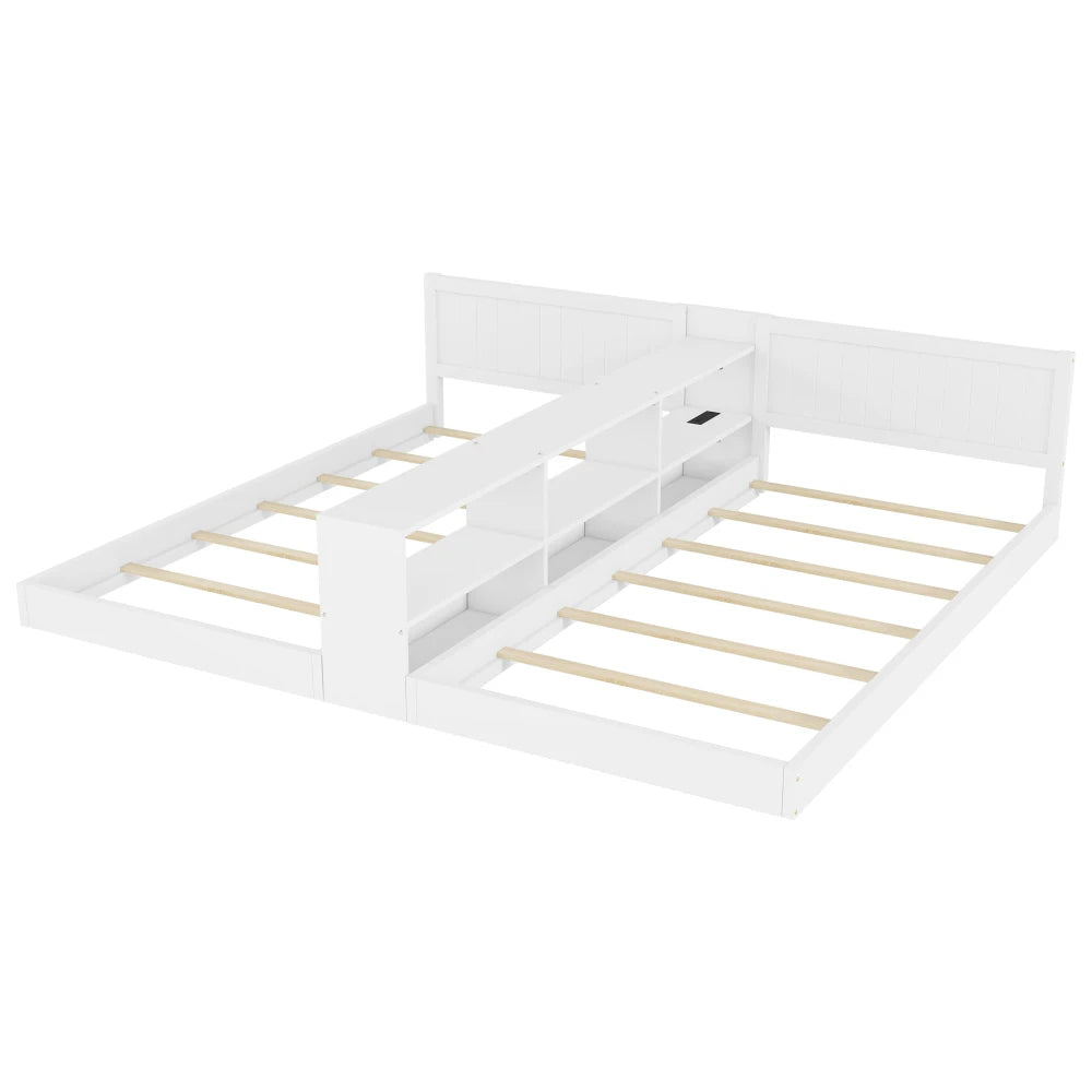 Double Twin Size Bed Frame with Storage,Twin Floor Bed with Light & Charging Station, Convertible 2 Twin Beds for 2 Kids,White
