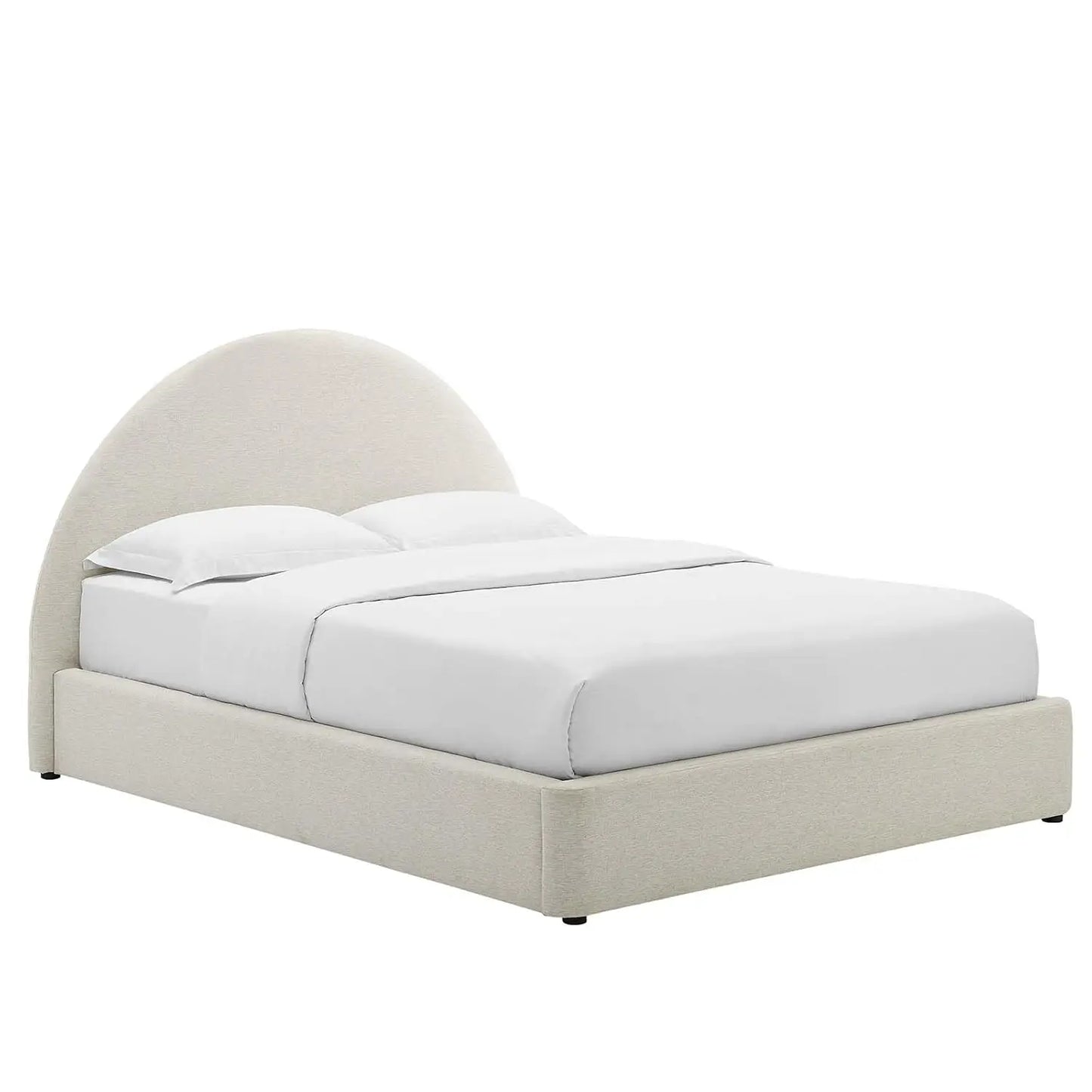 Queen Platform Bed Arch Round Upholstered Headboard Heathered Weave Ivory Fabric Cloud Frame Wood Slats No Box Spring, Custom
